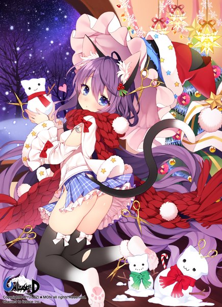 Anime picture 725x1000 with unleashed byulzzimon single tall image looking at viewer blush fringe blue eyes light erotic hair between eyes animal ears purple hair ass tail very long hair animal tail cat ears cat girl cat tail snowing