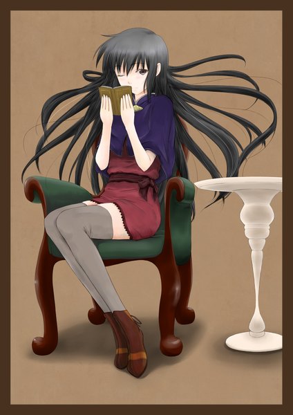 Anime picture 1273x1800 with original lost july (artist) single long hair tall image black hair sitting one eye closed wink black eyes girl thighhighs book (books) armchair