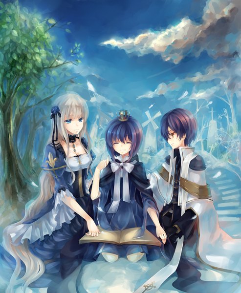 Anime picture 1233x1500 with dhiea tall image blue eyes yellow eyes blue hair cloud (clouds) white hair holding hands dress plant (plants) tree (trees) book (books) crown grave