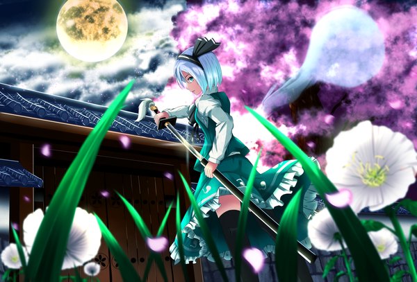Anime picture 1774x1206 with touhou konpaku youmu ddfftasogare single highres short hair blue eyes white hair night ghost girl thighhighs dress skirt flower (flowers) weapon black thighhighs plant (plants) petals sword