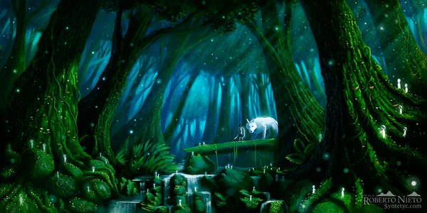 Anime picture 2000x1000 with mononoke hime studio ghibli san syntetyc highres wide image holding sunlight walking river plant (plants) tree (trees) water fur forest spear fireflies wolf