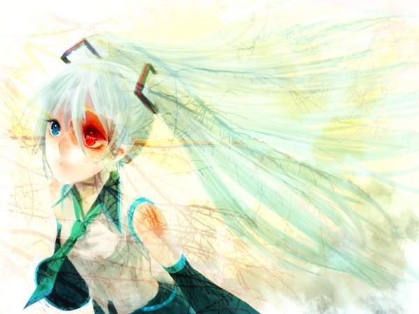 Anime picture 1400x1050 with vocaloid hatsune miku long hair blue eyes red eyes twintails parted lips aqua hair heterochromia looking up body writing girl detached sleeves necktie