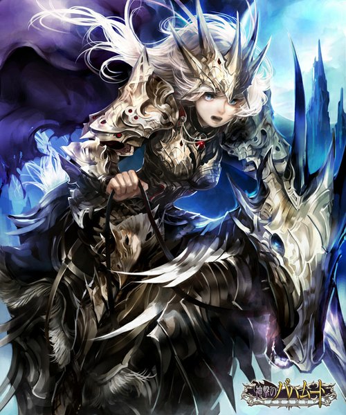 Anime picture 700x840 with youshun (naturaljuice) single long hair tall image breasts open mouth blue eyes looking away white hair wind exhalation steam riding girl animal headdress armor cape horse
