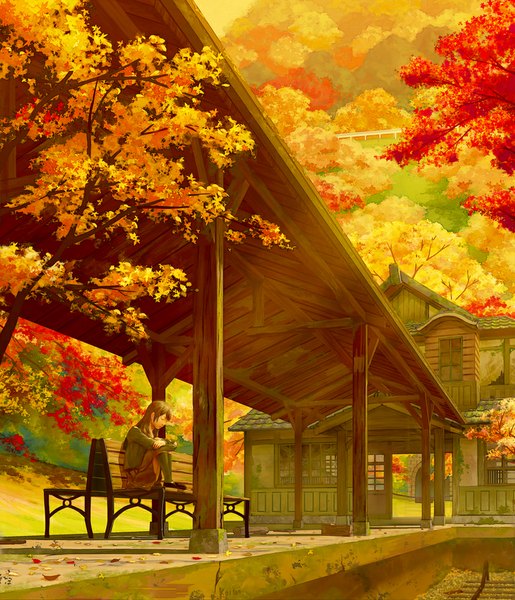 Anime picture 859x1000 with original kaitan single long hair tall image fringe brown hair sitting eyes closed mountain autumn girl skirt plant (plants) pantyhose tree (trees) shoes leaf (leaves) forest autumn leaves