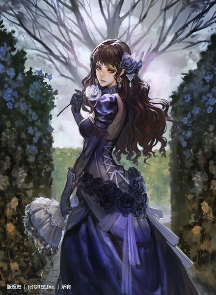 Anime picture 620x845 with original xiaji single long hair tall image looking at viewer fringe brown hair standing purple eyes looking back hair flower wavy hair lacing girl dress gloves hair ornament flower (flowers) plant (plants)