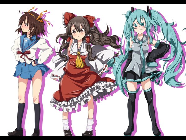 Anime picture 1600x1200 with suzumiya haruhi no yuutsu touhou vocaloid kyoto animation hatsune miku hakurei reimu suzumiya haruhi ryouma (galley) girl