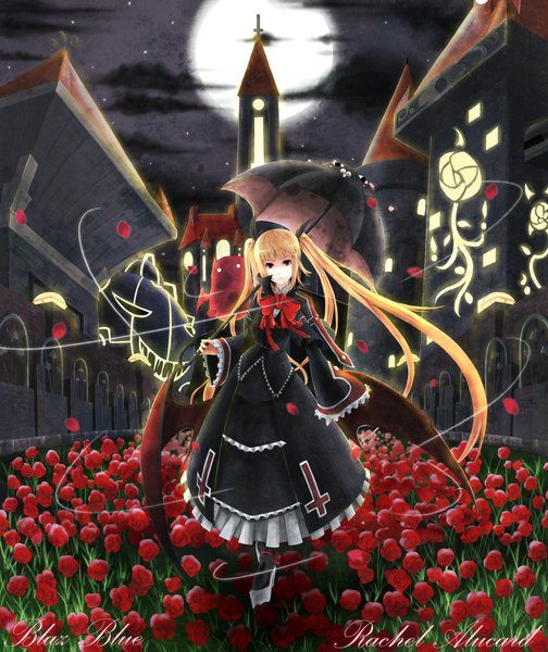 Anime picture 1850x2200 with blazblue rachel alucard gii nago gayprince long hair tall image highres blonde hair red eyes twintails night girl dress flower (flowers) petals wings building (buildings) moon umbrella