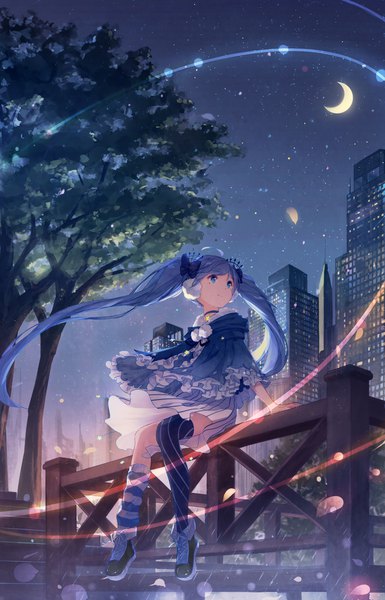 Anime picture 3000x4665 with vocaloid hatsune miku fuyu no yoru miku yue yue single tall image fringe highres blue eyes hair between eyes sitting twintails blue hair looking away full body outdoors very long hair wind night arm support