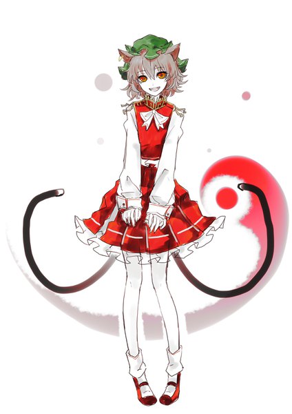 Anime picture 2896x4096 with touhou chen yutapon single tall image looking at viewer highres short hair open mouth simple background smile brown hair standing white background animal ears full body tail long sleeves head tilt :d