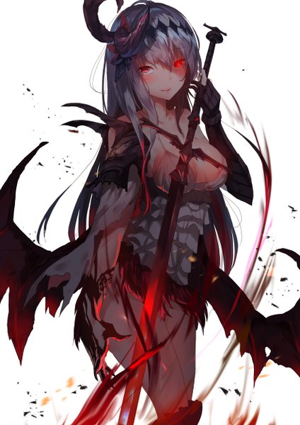 Anime picture 3541x5016 with shingeki no bahamut shadowverse dark jeanne yueqin (monnpiano) single long hair tall image looking at viewer blush highres breasts light erotic simple background red eyes large breasts standing white background absurdres horn (horns) light smile