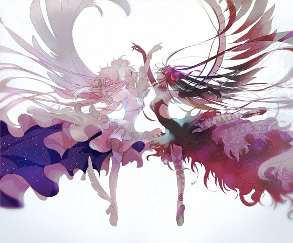 Anime picture 1000x833 with mahou shoujo madoka magica shaft (studio) akemi homura kaname madoka goddess madoka akuma homura ito minami black hair simple background white background purple eyes twintails multiple girls yellow eyes pink hair very long hair high heels looking up angel wings black wings