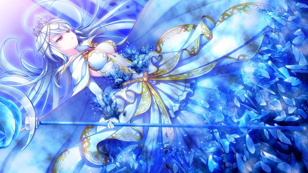 Anime picture 1280x720 with re:birth colony queen lapis lazuli asami asami long hair wide image purple eyes blue hair game cg girl dress gloves elbow gloves staff crown crystal