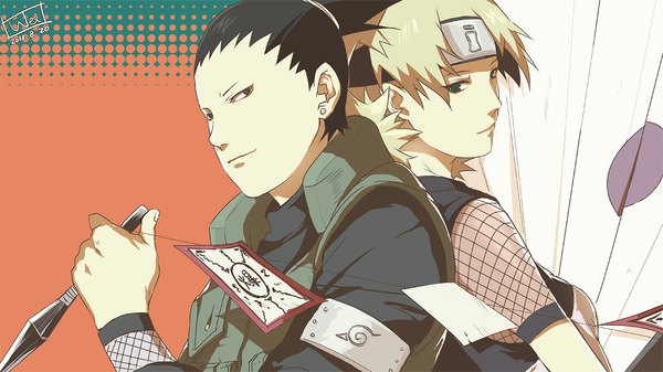 Anime picture 1000x563 with naruto studio pierrot naruto (series) nara shikamaru temari (naruto) short hair black hair blonde hair smile wide image green eyes ponytail looking back black eyes girl boy weapon fan bandana kunai