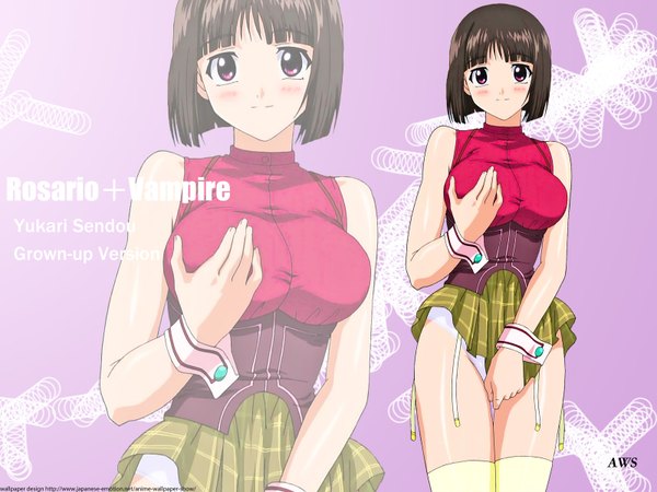 Anime picture 1600x1200 with rosario+vampire sendo yukari blush short hair breasts light erotic simple background brown hair large breasts purple eyes zoom layer girl