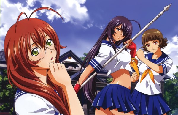 Anime picture 3220x2078 with ikkitousen kanu unchou ryuubi gentoku chouhi ekitoku rin sin highres red eyes brown hair multiple girls green eyes absurdres purple hair ahoge red hair black eyes girl weapon glasses serafuku 3 girls