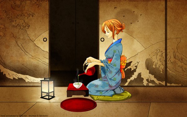 Anime picture 1920x1200 with one piece toei animation nami (one piece) highres short hair wide image sitting eyes closed traditional clothes japanese clothes profile orange hair girl kimono obi cup teapot