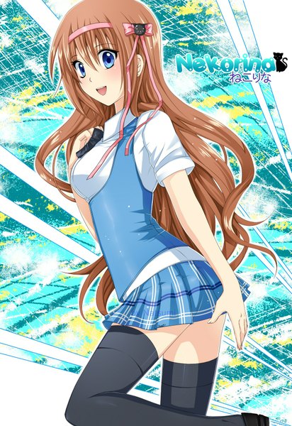 Anime picture 1238x1800 with original ayana (natsumii chan) nami (nyaa) single long hair tall image blush blue eyes smile brown hair girl thighhighs skirt ribbon (ribbons) black thighhighs hair ribbon shirt