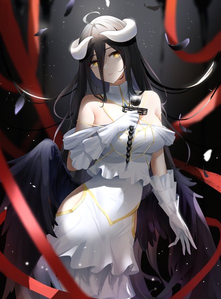 Anime picture 3738x5055 with overlord (maruyama) madhouse albedo (overlord) qing wu single tall image looking at viewer fringe highres breasts black hair hair between eyes large breasts standing bare shoulders holding yellow eyes absurdres ahoge very long hair