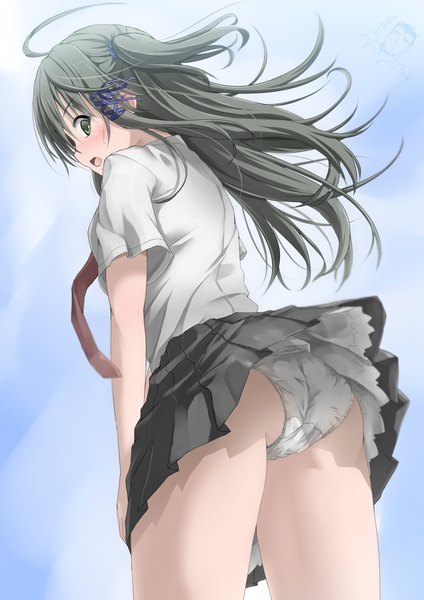 Anime picture 1654x2339 with original inudzuka ringo single long hair tall image looking at viewer blush fringe open mouth light erotic black hair standing green eyes sky ahoge pleated skirt looking back wind from behind from below