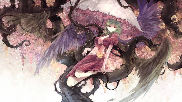 Anime picture 1777x1000 with touhou kazami yuuka kieta single looking at viewer highres short hair breasts light erotic red eyes wide image large breasts green hair light smile tree sitting girl skirt plant (plants) petals wings