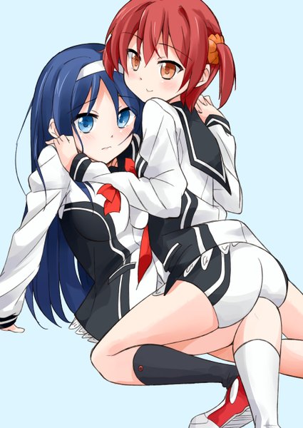 Anime picture 1880x2656 with vividred operation isshiki akane futaba aoi (vividred operation) mousou (mousou temporary) long hair tall image blush highres short hair blue eyes red eyes twintails multiple girls blue hair red hair shoujo ai girl uniform 2 girls school uniform