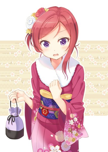 Anime picture 800x1122 with love live! school idol project sunrise (studio) love live! nishikino maki hyuuga azuri single tall image looking at viewer blush short hair open mouth purple eyes pink hair traditional clothes japanese clothes hair flower girl hair ornament flower (flowers) kimono