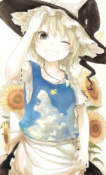 Anime picture 1034x1696 with touhou kirisame marisa yushika single tall image blush short hair blonde hair smile sky cloud (clouds) braid (braids) one eye closed wink grey eyes hand on head sky print girl flower (flowers) bow