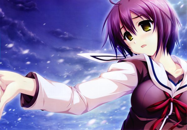 Anime picture 4756x3307 with g senjou no maou miwa tsubaki arufa single blush fringe highres short hair breasts open mouth hair between eyes large breasts yellow eyes looking away sky purple hair cloud (clouds) upper body ahoge long sleeves
