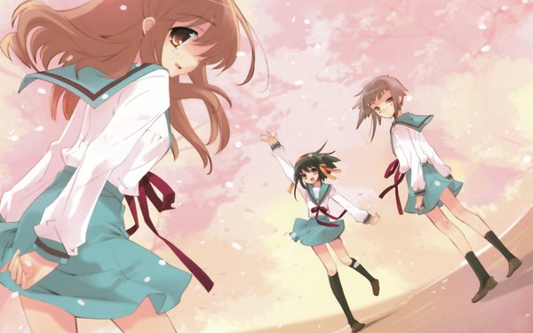 Anime picture 1920x1200 with suzumiya haruhi no yuutsu kyoto animation suzumiya haruhi nagato yuki asahina mikuru itou noiji long hair highres short hair brown hair wide image brown eyes silver hair official art girl uniform school uniform