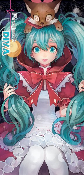 Anime picture 450x937 with little red riding hood project diva project diva 2nd vocaloid hatsune miku little red riding hood (character) cocorip (riprip) single long hair tall image looking at viewer blush fringe sitting twintails aqua eyes aqua hair inscription rhombus little red riding hood (cosplay)