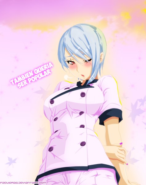 Anime picture 1500x1899 with shokugeki no soma j.c. staff nakiri alice facu10mag single tall image blush short hair breasts red eyes blue hair one eye closed wink hands behind back chef girl uniform