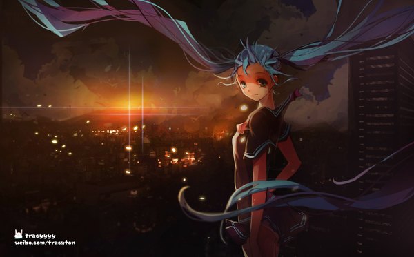 Anime picture 4000x2488 with vocaloid hatsune miku tracyton single looking at viewer highres wide image twintails green eyes absurdres cloud (clouds) very long hair multicolored hair wind grey hair scan aqua hair inscription two-tone hair hand on hip