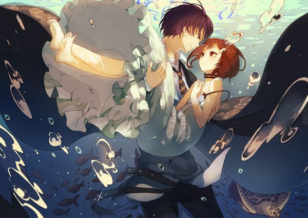 Anime picture 1213x858 with original lia-sama short hair red eyes brown hair barefoot couple underwater girl dress boy bubble (bubbles) fish (fishes) turtle