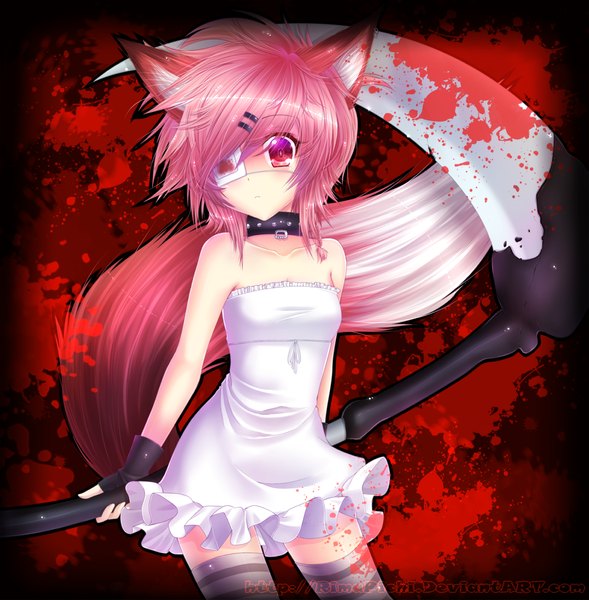 Anime picture 1300x1325 with original rimapichi single tall image short hair bare shoulders animal ears pink hair tail animal tail pink eyes fox ears fox tail girl thighhighs dress gloves hair ornament weapon white dress