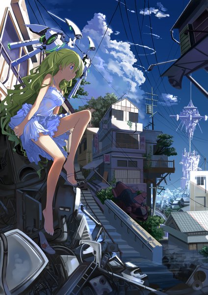 Anime picture 1447x2047 with beek (artist) long hair tall image blue eyes blonde hair sky cloud (clouds) curly hair science fiction girl dress water sundress stairs house mecha