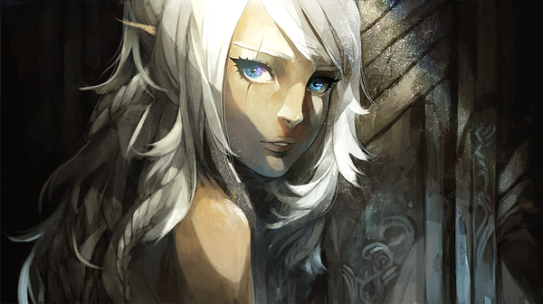 Anime picture 1000x560 with original d-oppelganger (midorynn) single long hair looking at viewer open mouth wide image bare shoulders white hair pointy ears elf girl