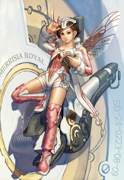Anime picture 1024x1490 with sinad aruatjanapat tall image short hair brown hair insect wings butterfly wings mechanical wings girl wings boots thigh boots magazine