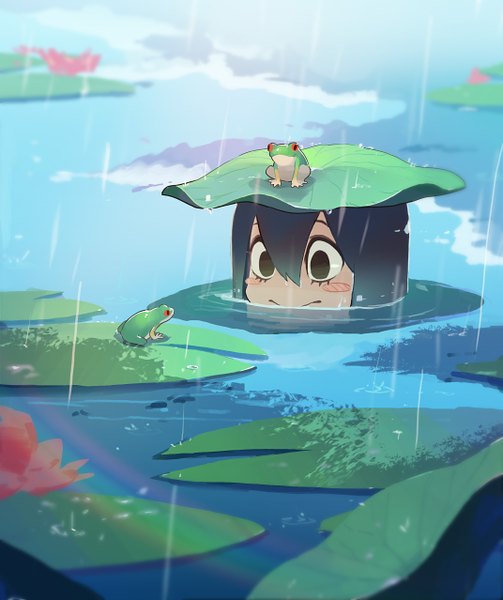 Anime picture 2143x2555 with boku no hero academia studio bones asui tsuyu doitsu no kagaku single long hair tall image blush fringe highres black hair smile hair between eyes looking away black eyes partially submerged rain afloat :> girl