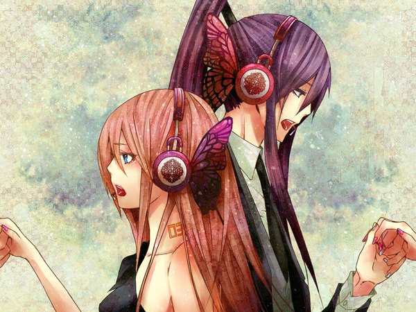 Anime picture 1024x768 with vocaloid magnet (vocaloid) megurine luka kamui gakupo sorakura shikiji open mouth blue eyes brown hair purple hair ponytail nail polish holding hands girl dress boy necktie headphones suit