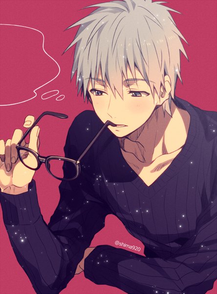 Anime picture 600x809 with kuroko no basket production i.g kuroko tetsuya mashima shima single tall image fringe short hair simple background hair between eyes holding signed silver hair upper body grey eyes mouth hold looking down pink background eyewear removed boy