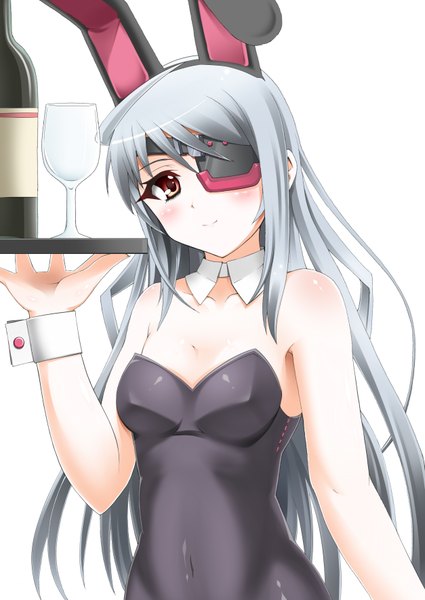 Anime picture 2507x3541 with infinite stratos 8bit laura bodewig moeki yuuta single long hair tall image blush highres simple background red eyes white background grey hair bunny ears bunny girl girl eyepatch bunnysuit glass tray