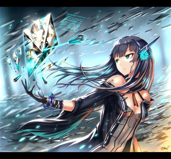 Anime picture 1300x1207 with original gia single long hair fringe light erotic black hair bare shoulders green eyes signed looking away upper body wind mole tattoo mole under eye shiny skin outstretched arm letterboxed backlighting