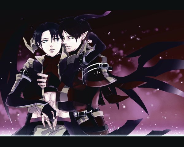 Anime picture 1500x1200 with shingeki no kyojin production i.g eren yaeger levi (rivaille) saku (kisaragirion) looking at viewer short hair open mouth blue eyes black hair green eyes looking away horn (horns) pointy ears multiple boys hug shounen ai boy 2 boys claws