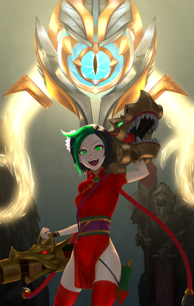 Anime picture 1000x1574 with league of legends jinx (league of legends) vel'koz (league of legends) kemurin long hair tall image looking at viewer open mouth light erotic smile green eyes traditional clothes multicolored hair two-tone hair chinese clothes girl thighhighs weapon gun chinese dress