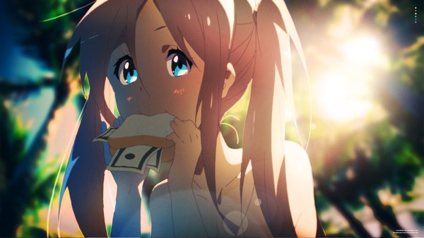 Anime picture 1920x1080 with original tom skender single long hair blush fringe highres blue eyes blonde hair wide image twintails bare shoulders sunlight blurry depth of field lens flare watermark topless eating girl