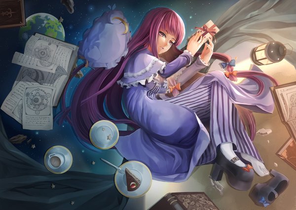 Anime picture 1600x1137 with touhou patchouli knowledge rayxray single long hair looking at viewer purple eyes purple hair lying nail polish fingernails high heels on side space girl ribbon (ribbons) hair ribbon frills sweets book (books)