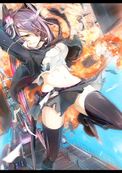 Anime picture 707x1000 with kantai collection tenryuu light cruiser keepout single tall image short hair yellow eyes purple hair zettai ryouiki torn clothes destruction midair explosion attack girl thighhighs skirt navel hair ornament weapon