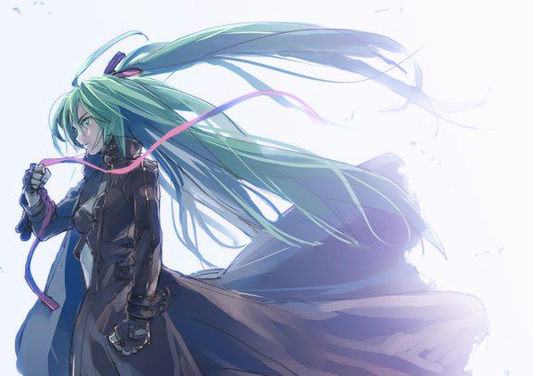 Anime picture 1024x722 with vocaloid hatsune miku yahako single long hair holding looking away profile aqua eyes wind aqua hair open clothes open jacket one side up girl gloves ribbon (ribbons) hair ribbon black gloves jacket