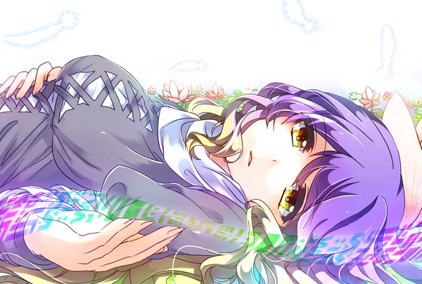 Anime picture 1748x1181 with touhou hijiri byakuren esdy single long hair looking at viewer fringe highres breasts open mouth yellow eyes lying multicolored hair fingernails on back wavy hair gradient hair girl flower (flowers) petals
