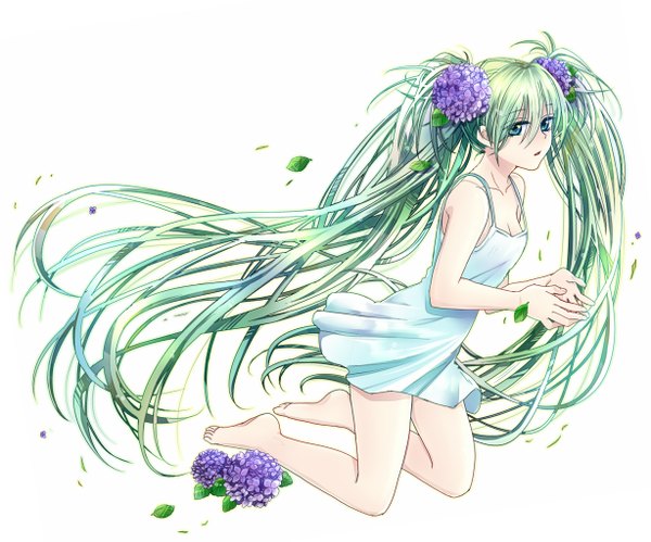 Anime picture 1228x1023 with vocaloid hatsune miku kotarou (artist) single blue eyes white background twintails bare shoulders very long hair barefoot aqua hair legs girl flower (flowers) sundress